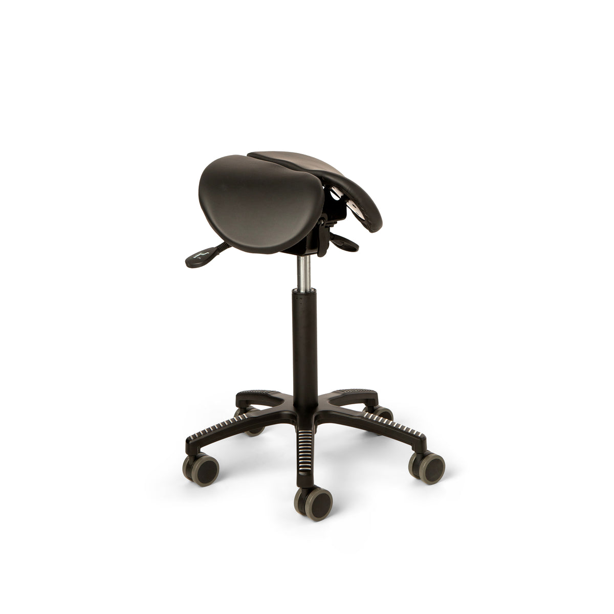 Core Split Tilt saddle chair viewed from the side showing the gas lift and seat tilt