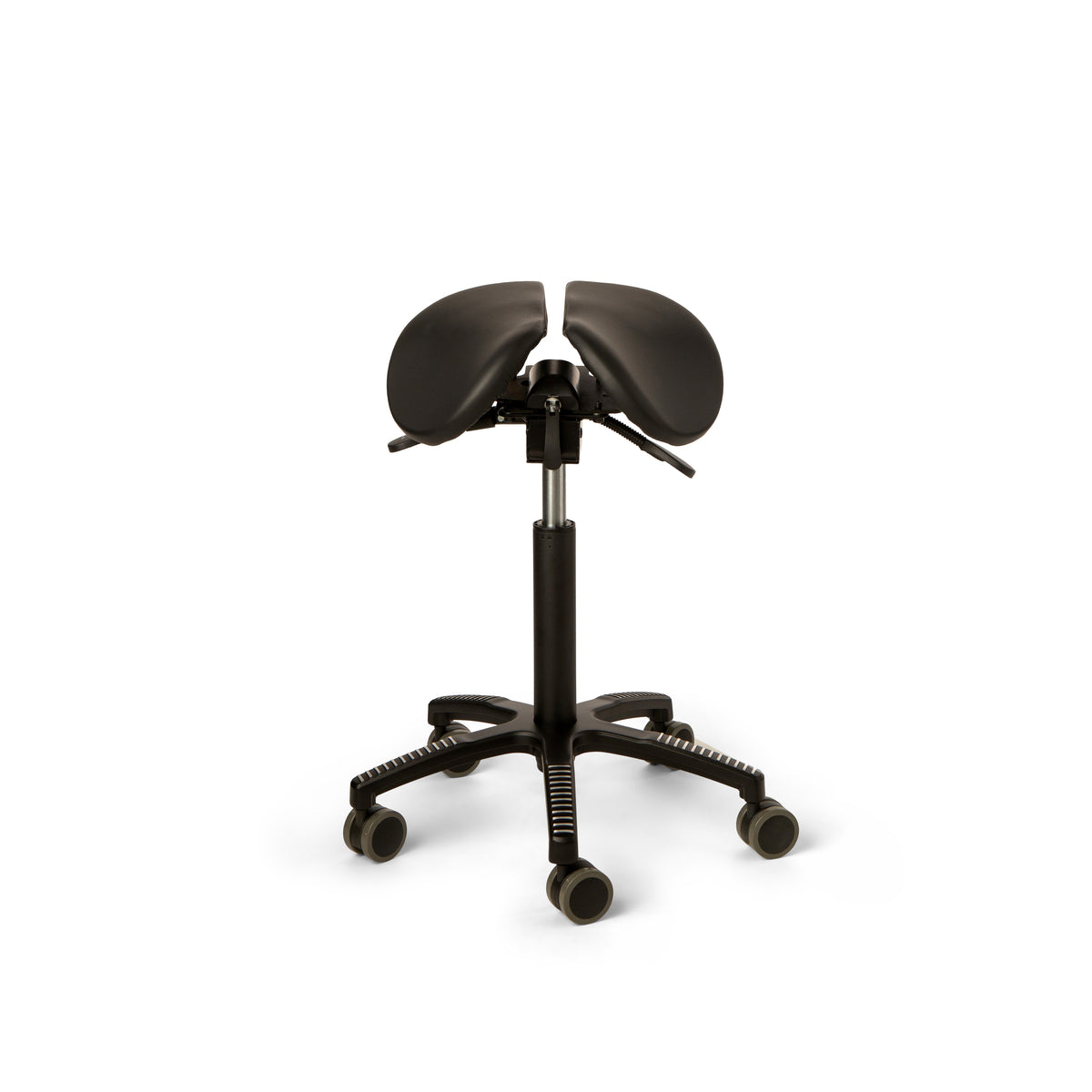 Core Split Tilt saddle chair with two-part black leather seat on a five-star base