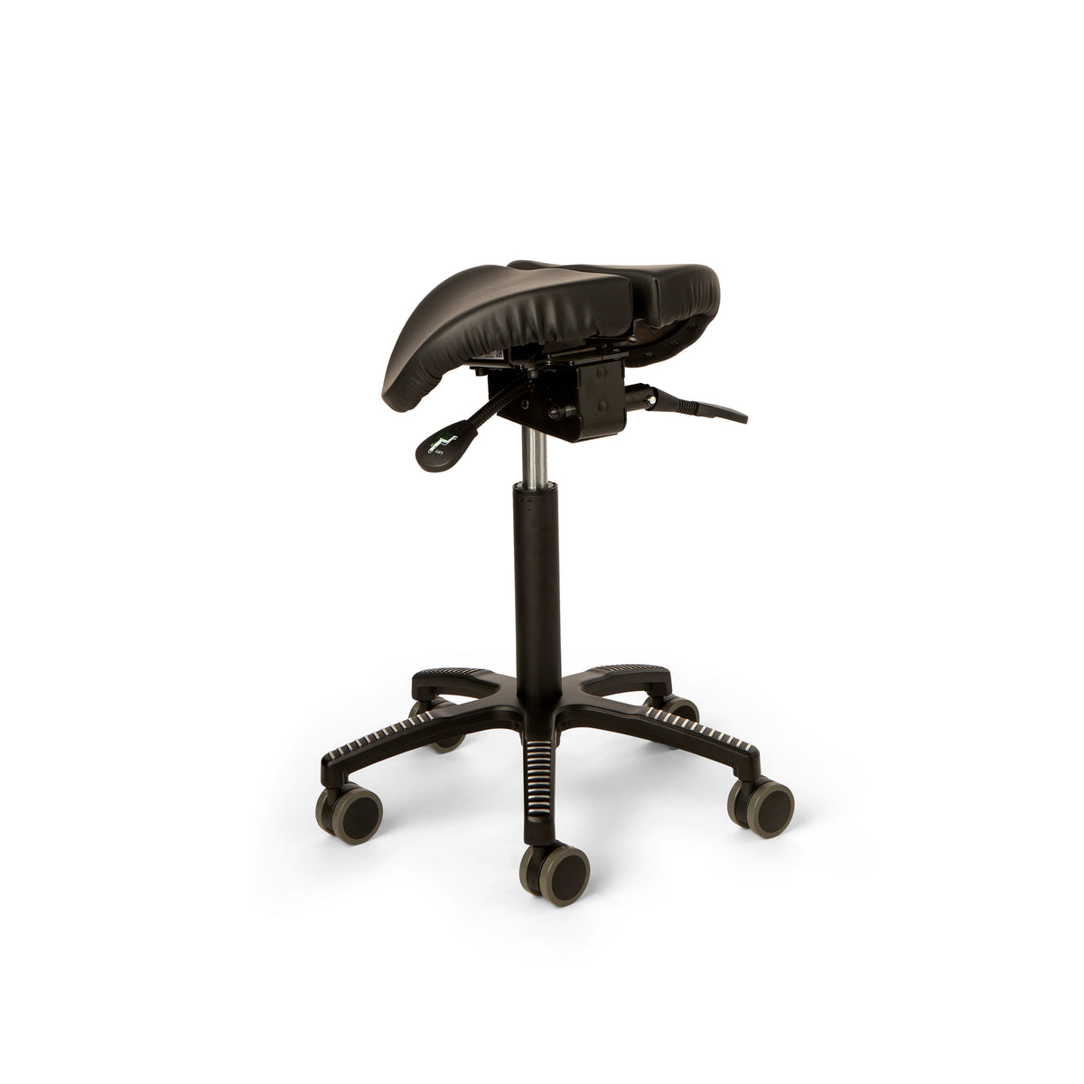 Core Split Tilt saddle chair in black leather seen from above at an angle