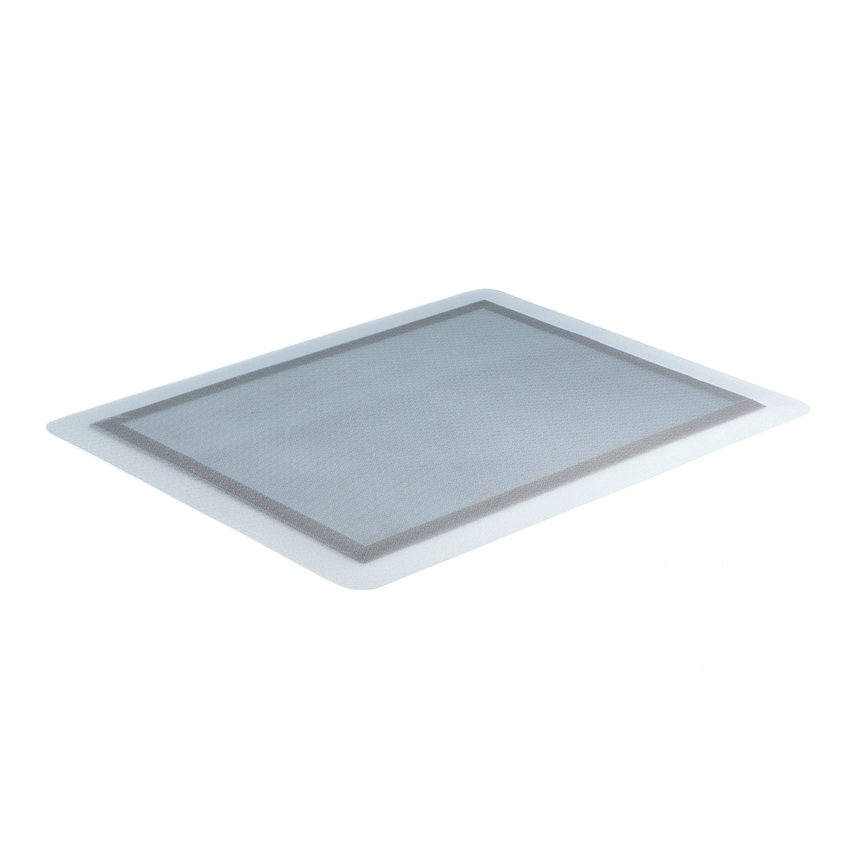 Transparent sit and stand chair mat, shown at an angle