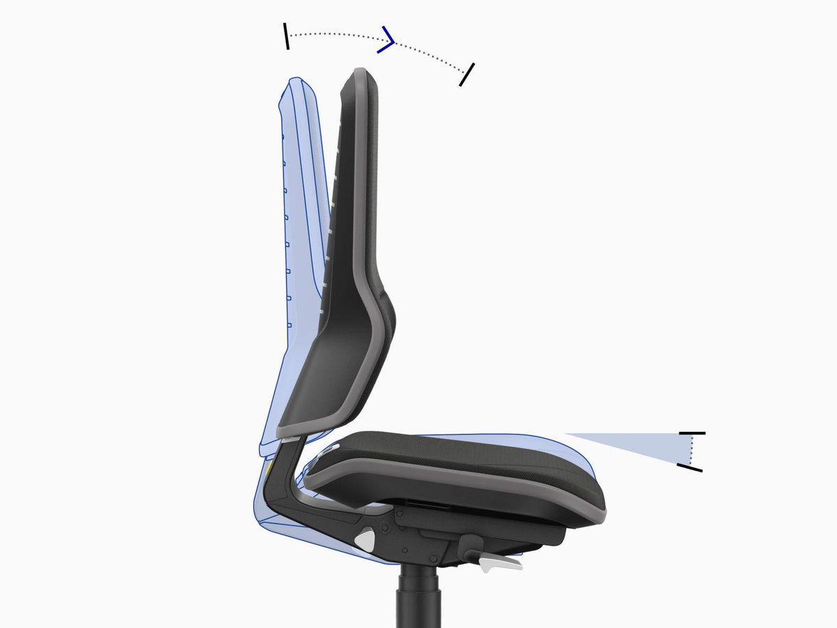 Neon 2 ESD work chair viewed from the side with arrows showing the seat tilt