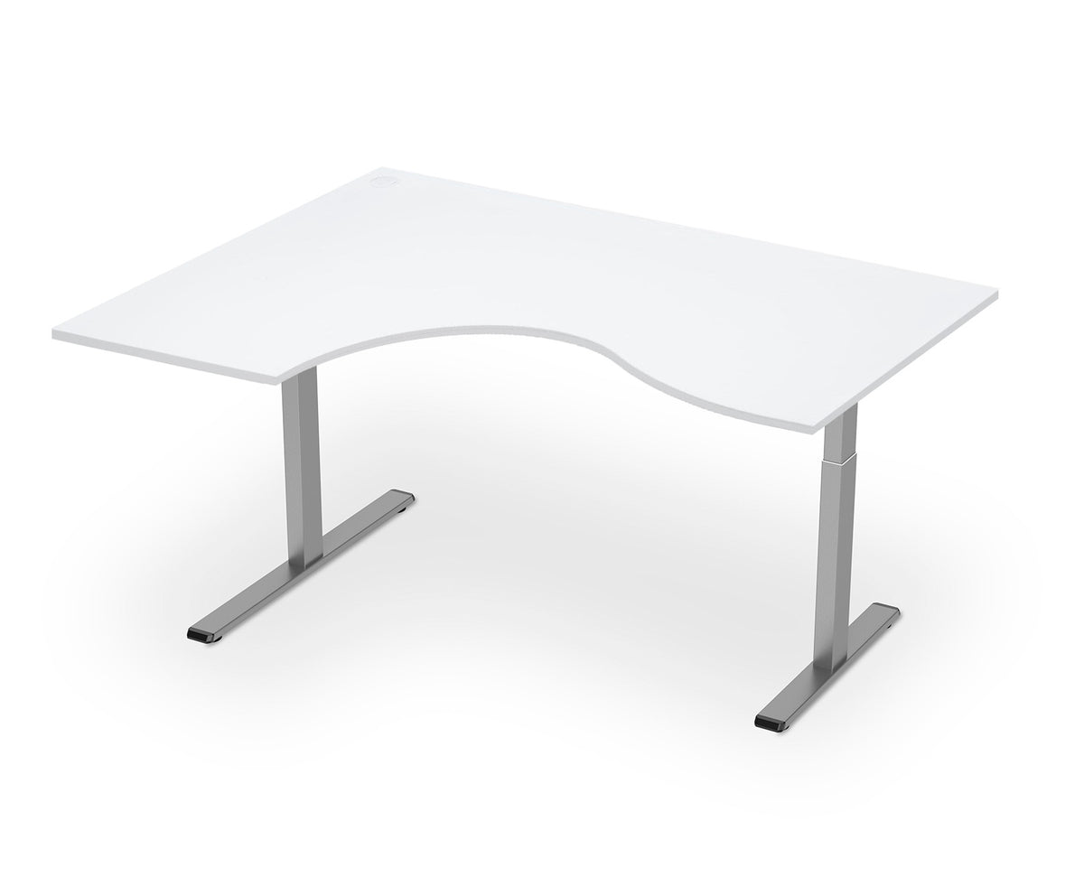 White curved desk top on a grey electric height-adjustable frame