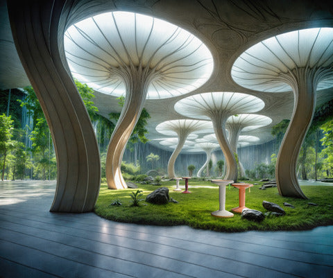 Illustration of a forest of giant mushrooms, used to present the ECO UP stool's sustainable materials