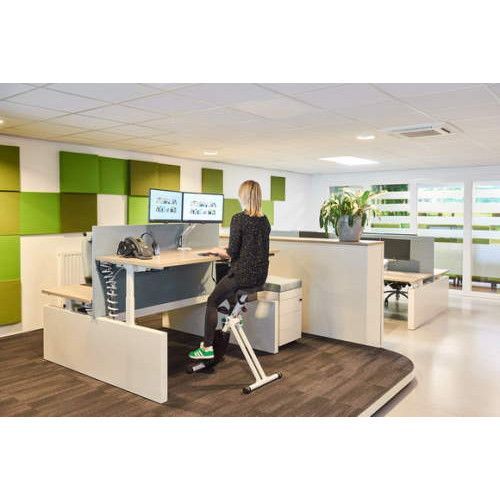 Office with an ErgoDeskBike at a desk in front of a green wall