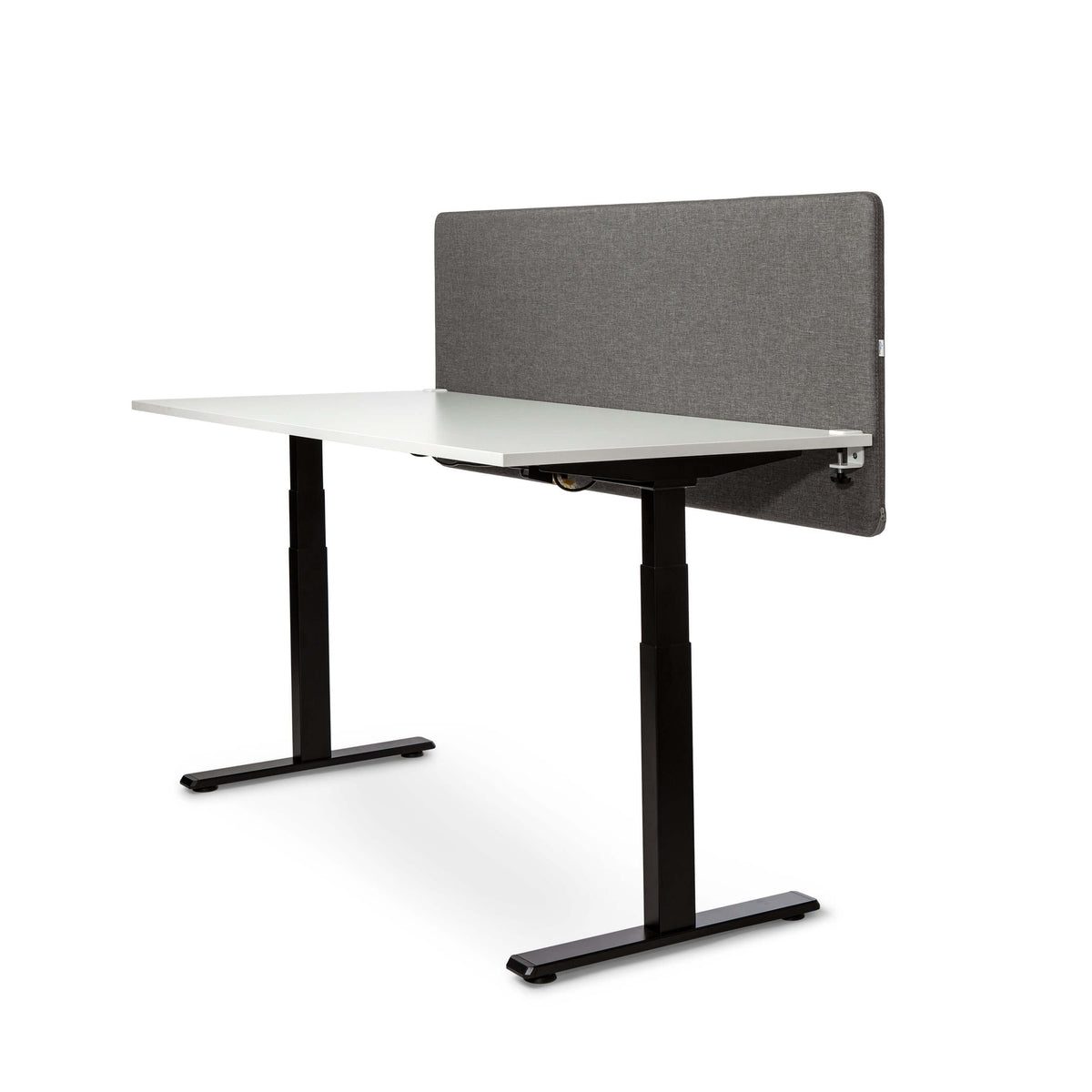 White desk with a grey MUTE acoustic screen, viewed at an angle