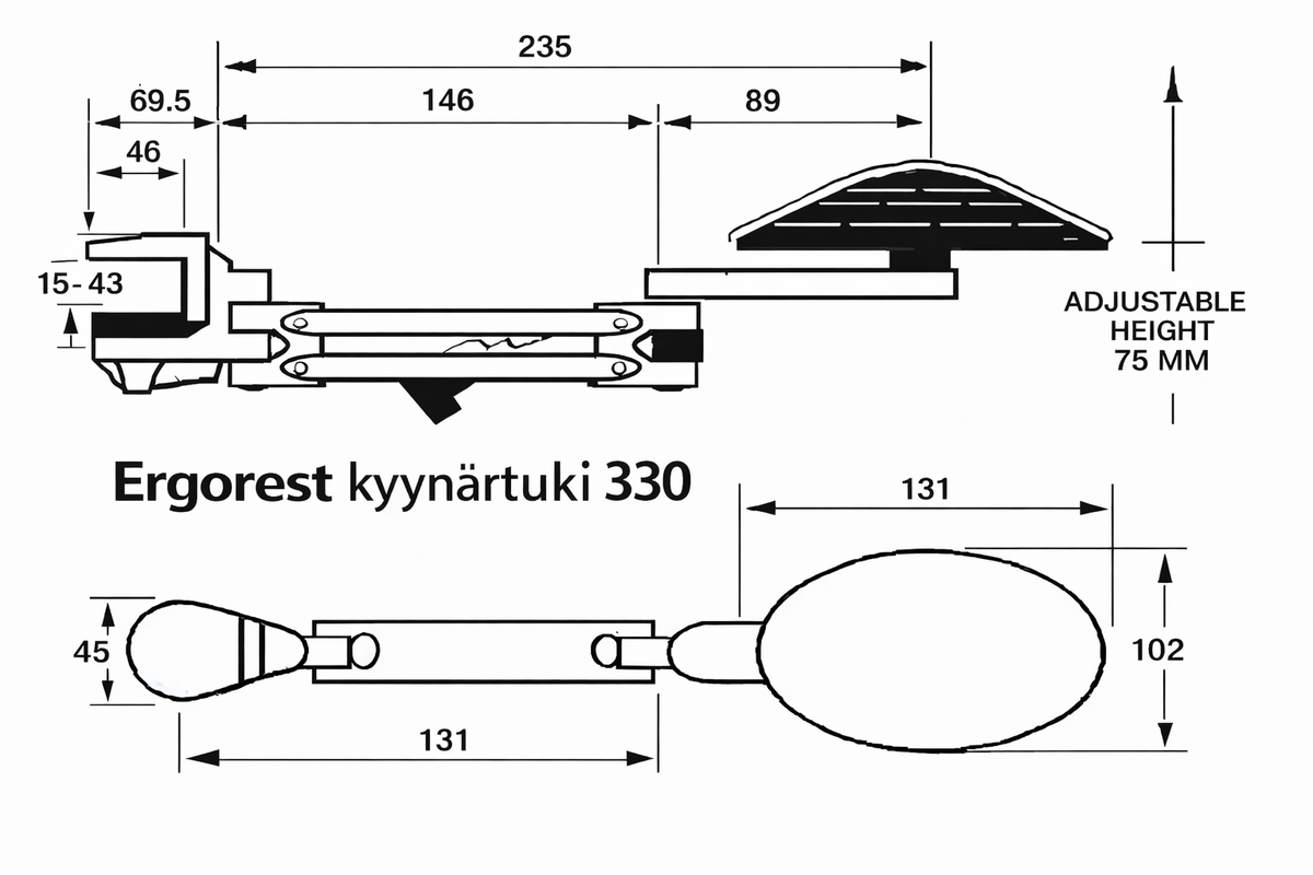 Finnish-language technical drawing of the Ergorest 330 arm support with measurements