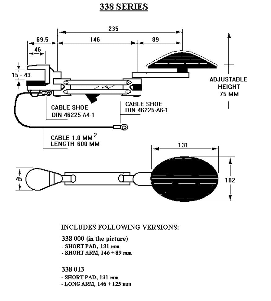 Technical drawing of the Ergorest 338 ESD arm support with reach and height measurements