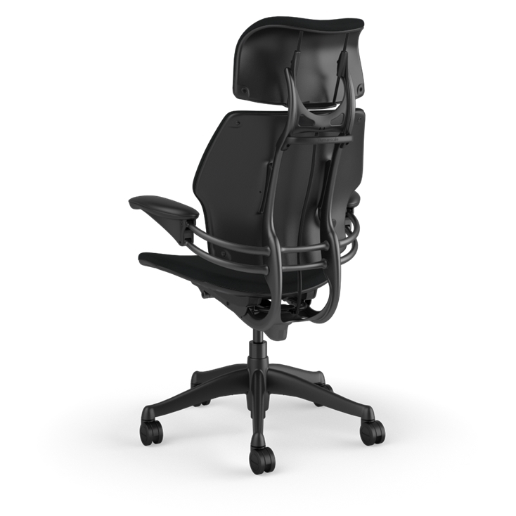 Humanscale Freedom task chair with headrest viewed from the side, showing the armrests