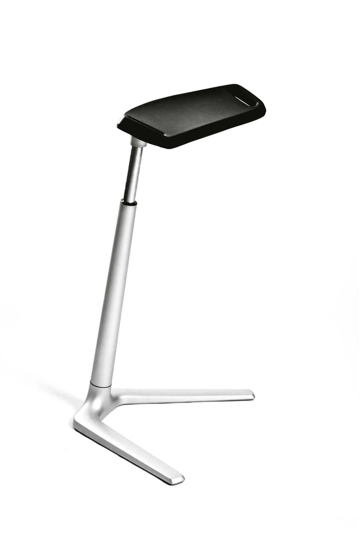 FIN leaning chair with black padded seat on a slim chrome stem and base