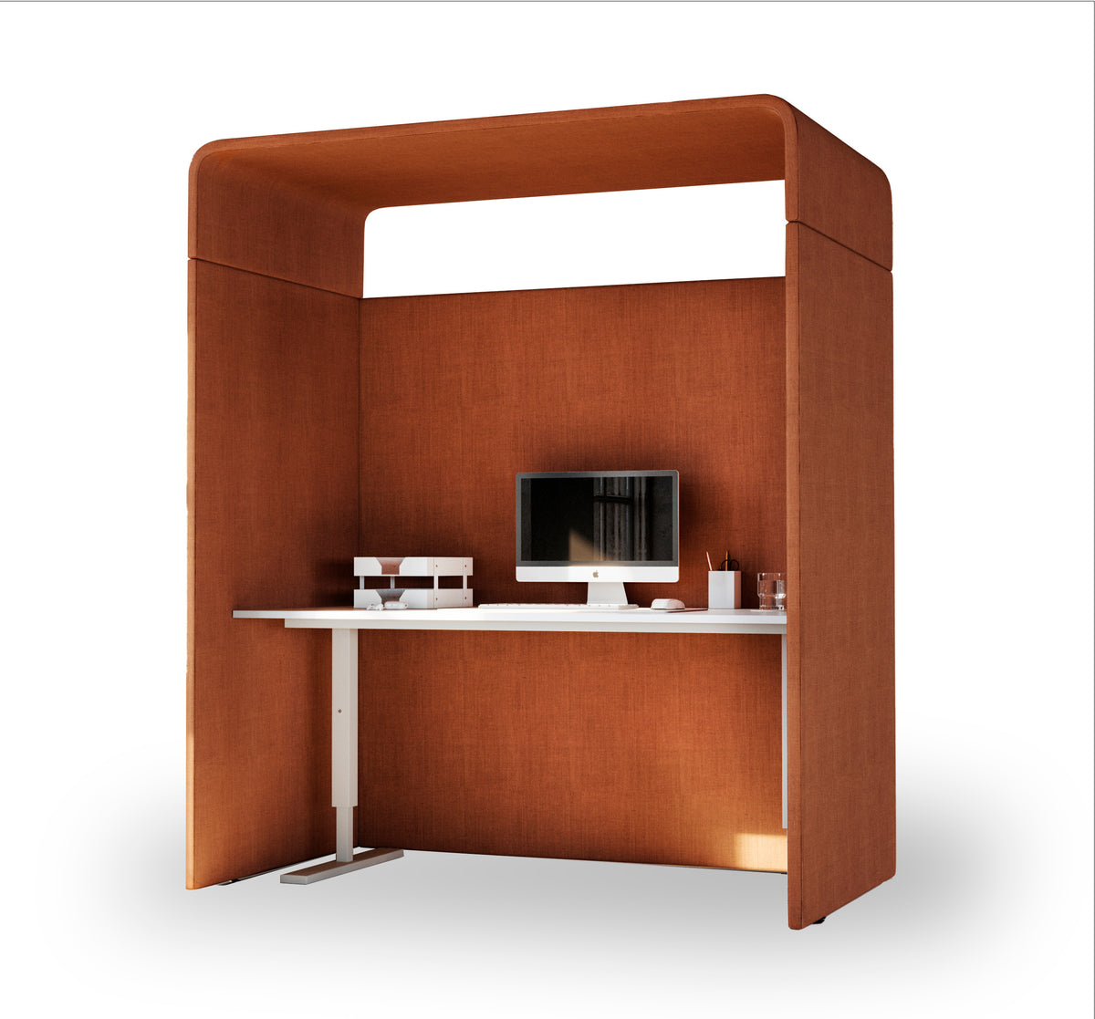 Focus Cube work booth, 1800 by 2000 mm, in rust coloured Savio 56 fabric