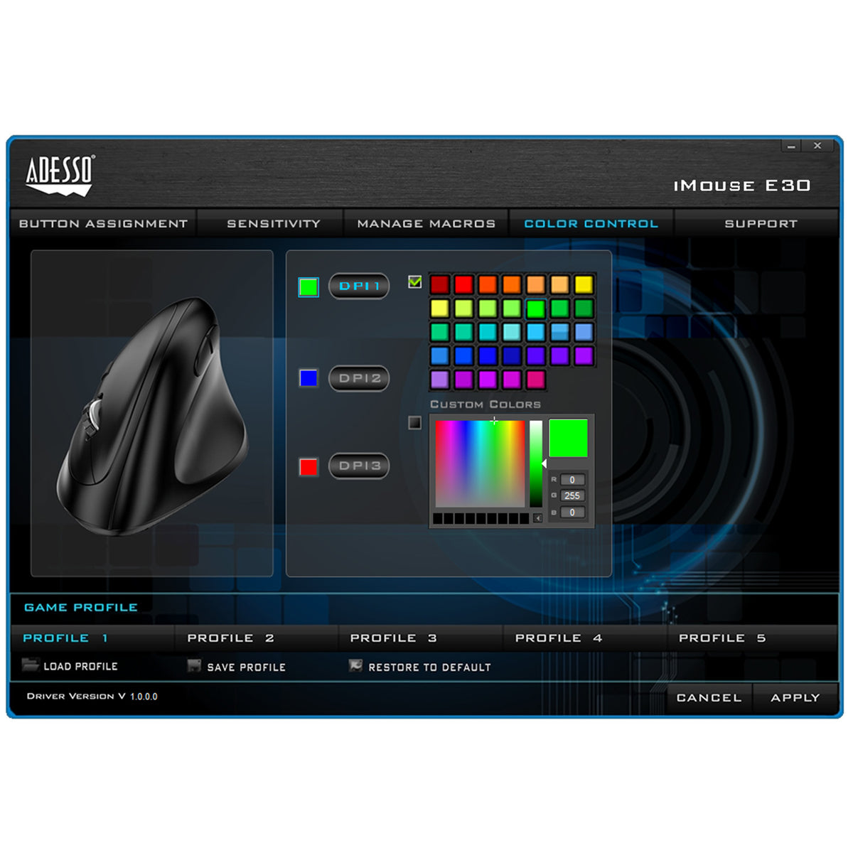Screenshot of the iMouse E30 software colour customisation screen