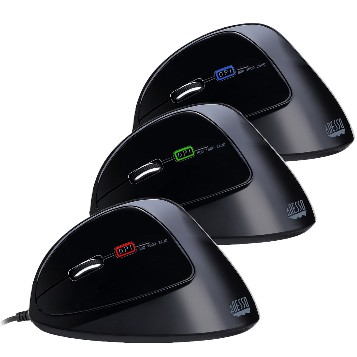 Several iMouse E7 vertical mice shown stacked in different colour variants
