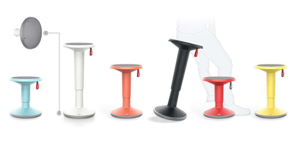 Line-up of UPis1 Junior stools in turquoise, white, red, black and yellow