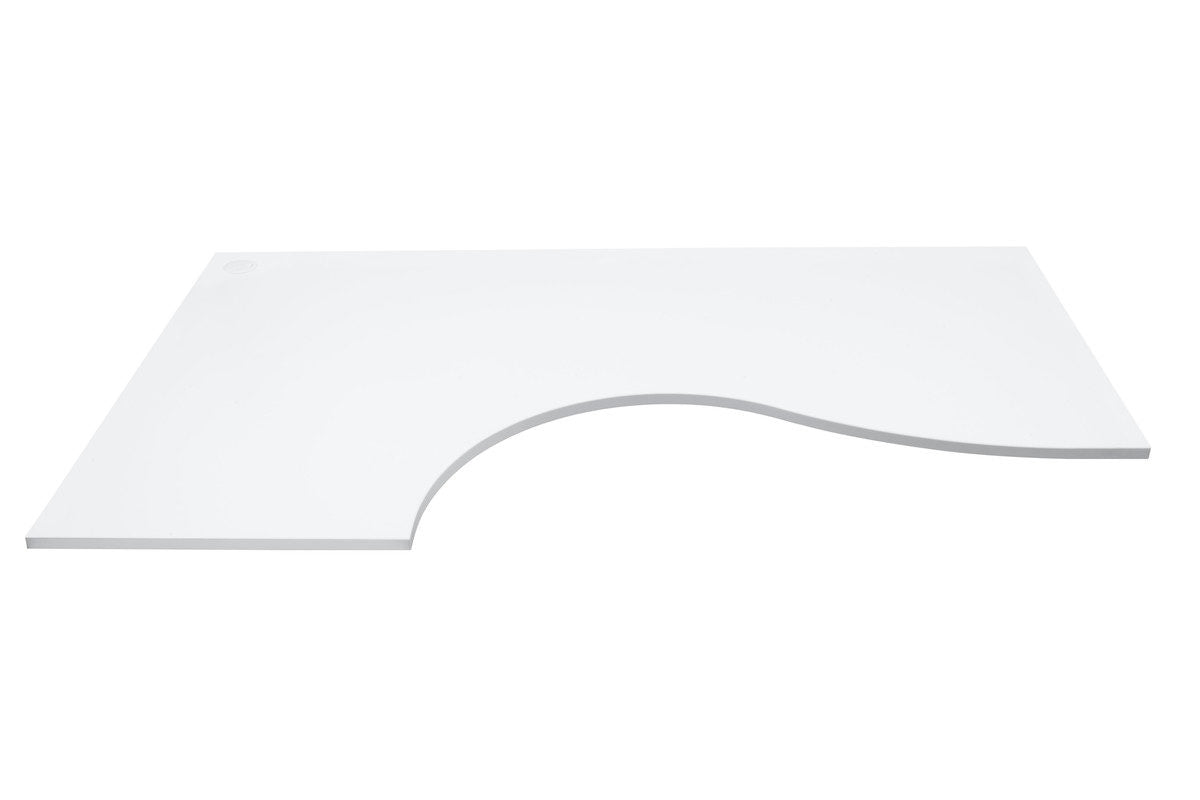 White L-shaped desk top, 1800 x 1050 mm, with curved front edge