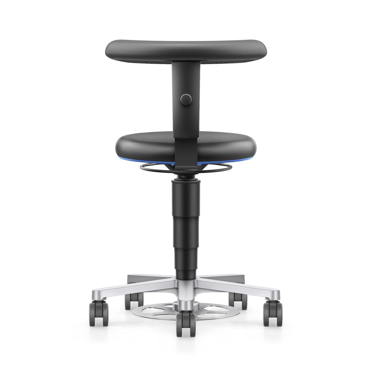 Work stool with foot control and adjustable backrest, viewed from the side