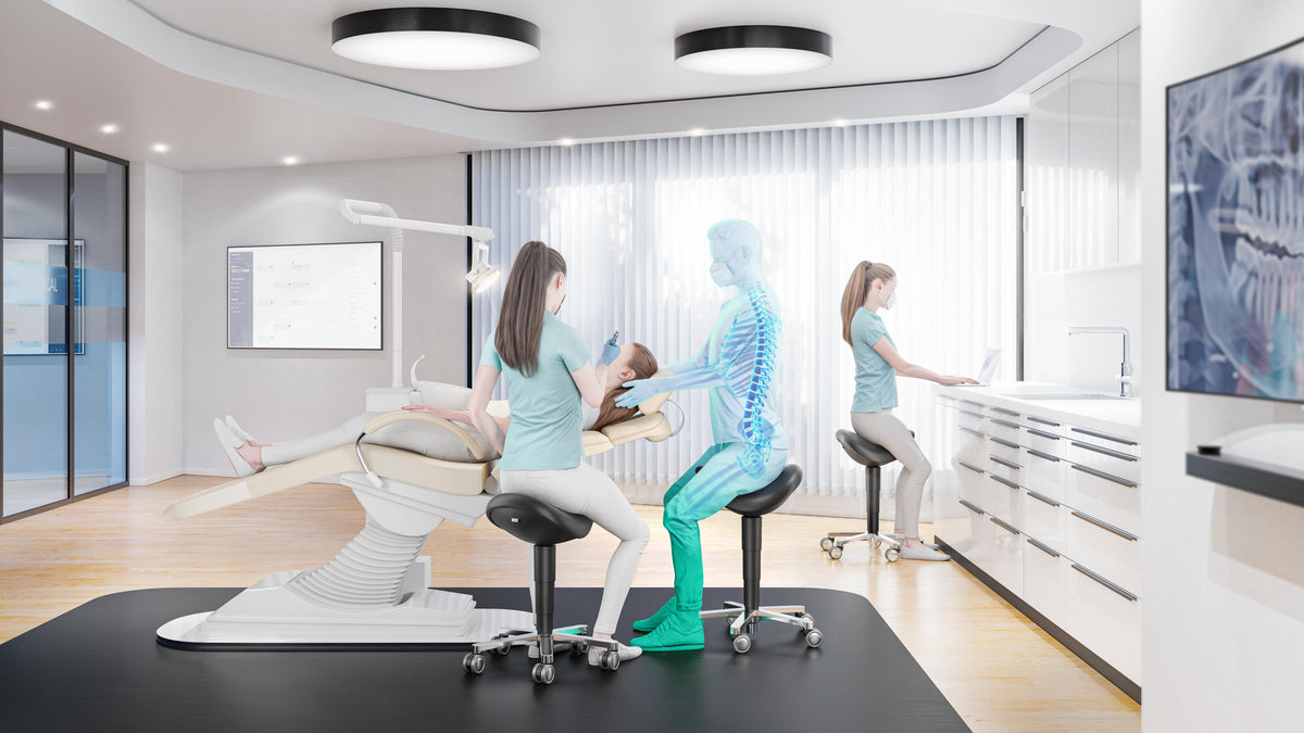 Visualisation of laboratory staff working on black saddle chairs