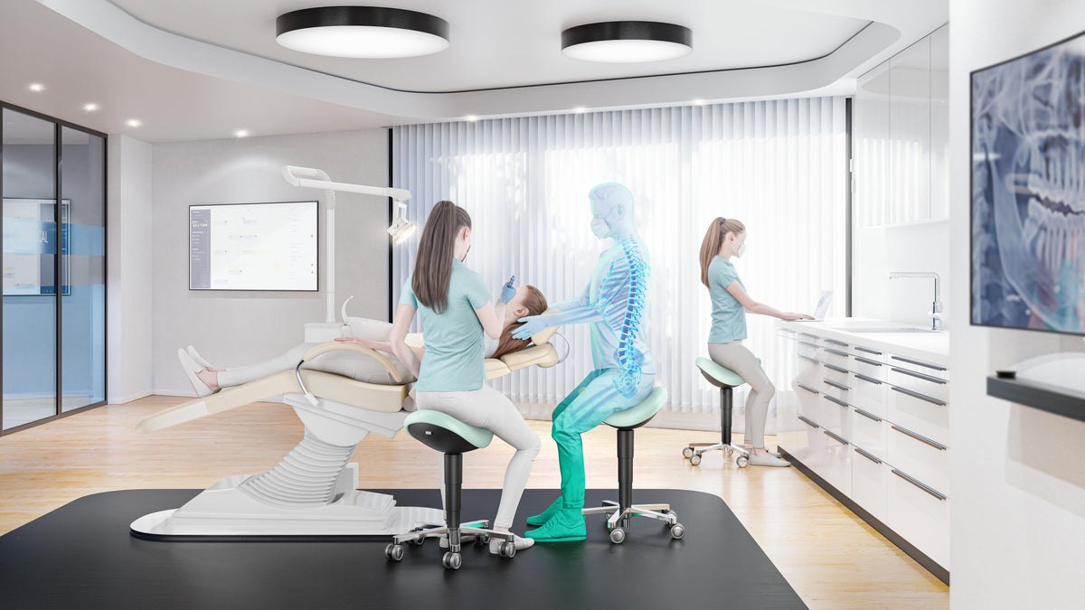 Visualisation of a laboratory interior furnished with black saddle chairs