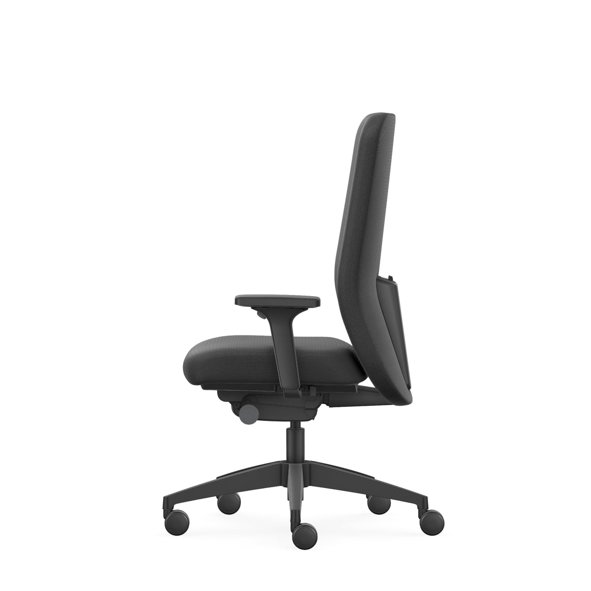 NC160 office chair in dark grey fabric, side view showing the high backrest and armrests