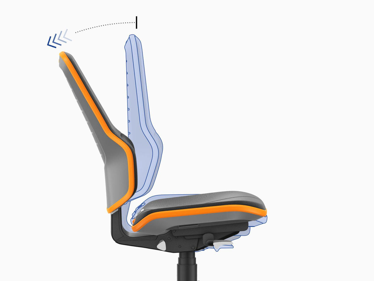 Neon 3 work chair viewed from the side with arrows showing the backrest movement