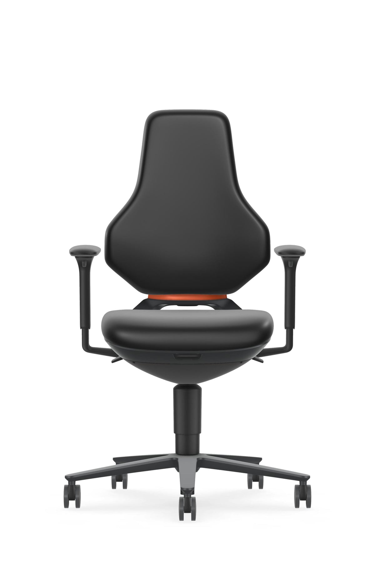 Texon work chair with armrests seen from the front, showing the contoured backrest