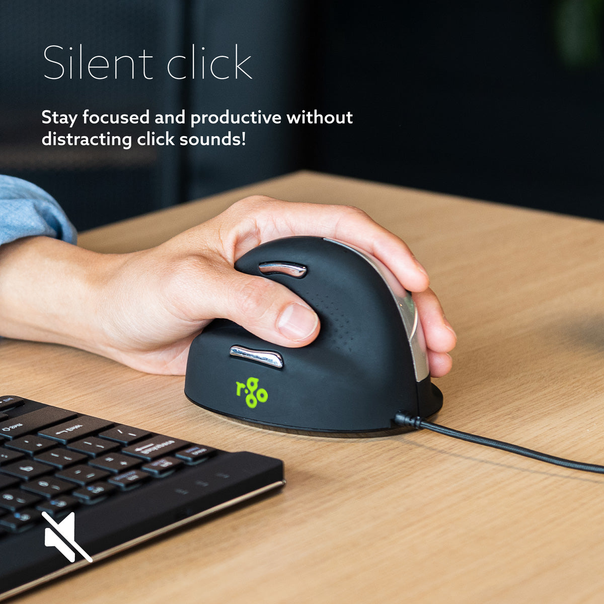 Graphic titled Silent click showing a hand using the HE Mouse beside a keyboard