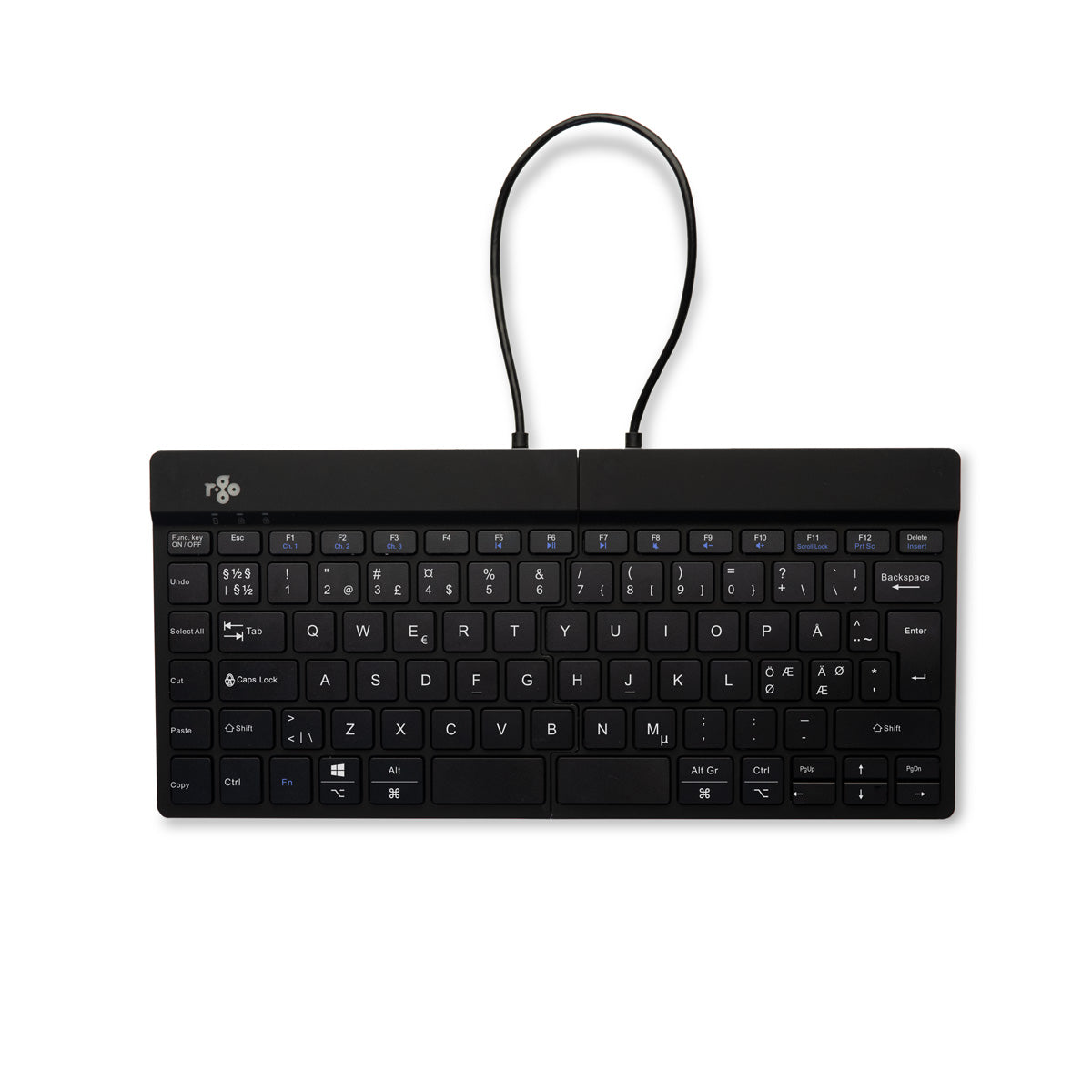 Ergo-R black split mini keyboard with its connecting cable coiled beside it