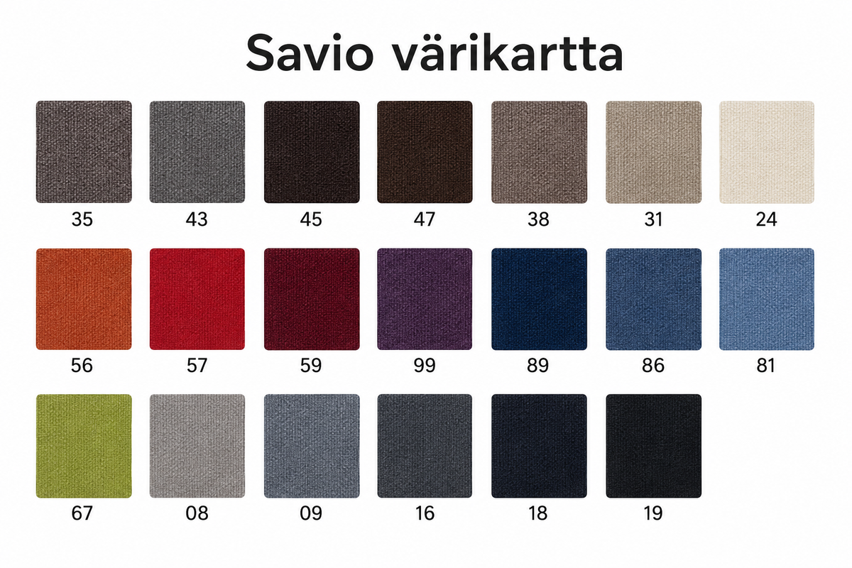 Savio fabric colour chart showing the numbered upholstery shades available for the Focus sofa