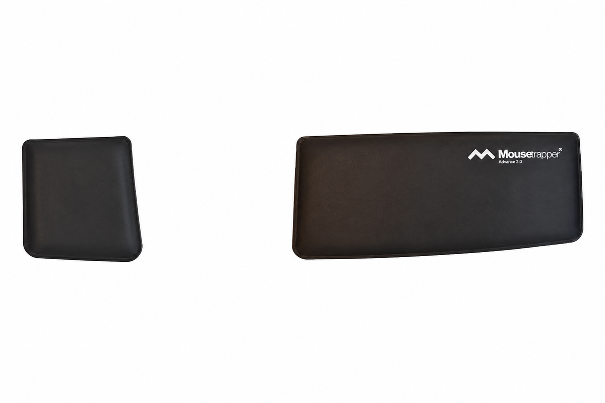 Mousetrapper replacement wrist support pads in black, shown in two sizes side by side
