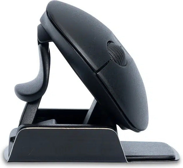 R-Go Twister ergonomic mouse in black, viewed from the side on its stand