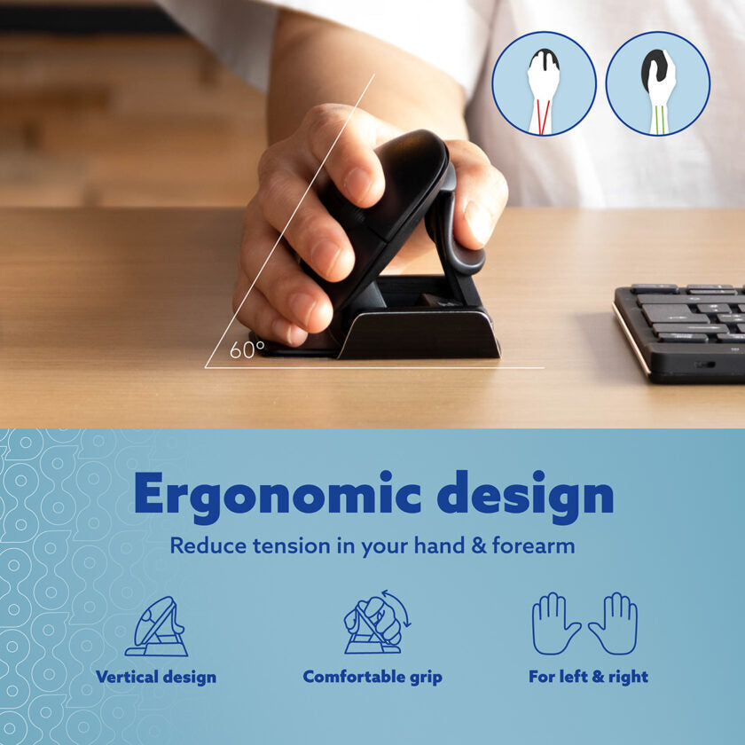 Graphic titled Ergonomic design showing a hand using the R-Go Twister mouse