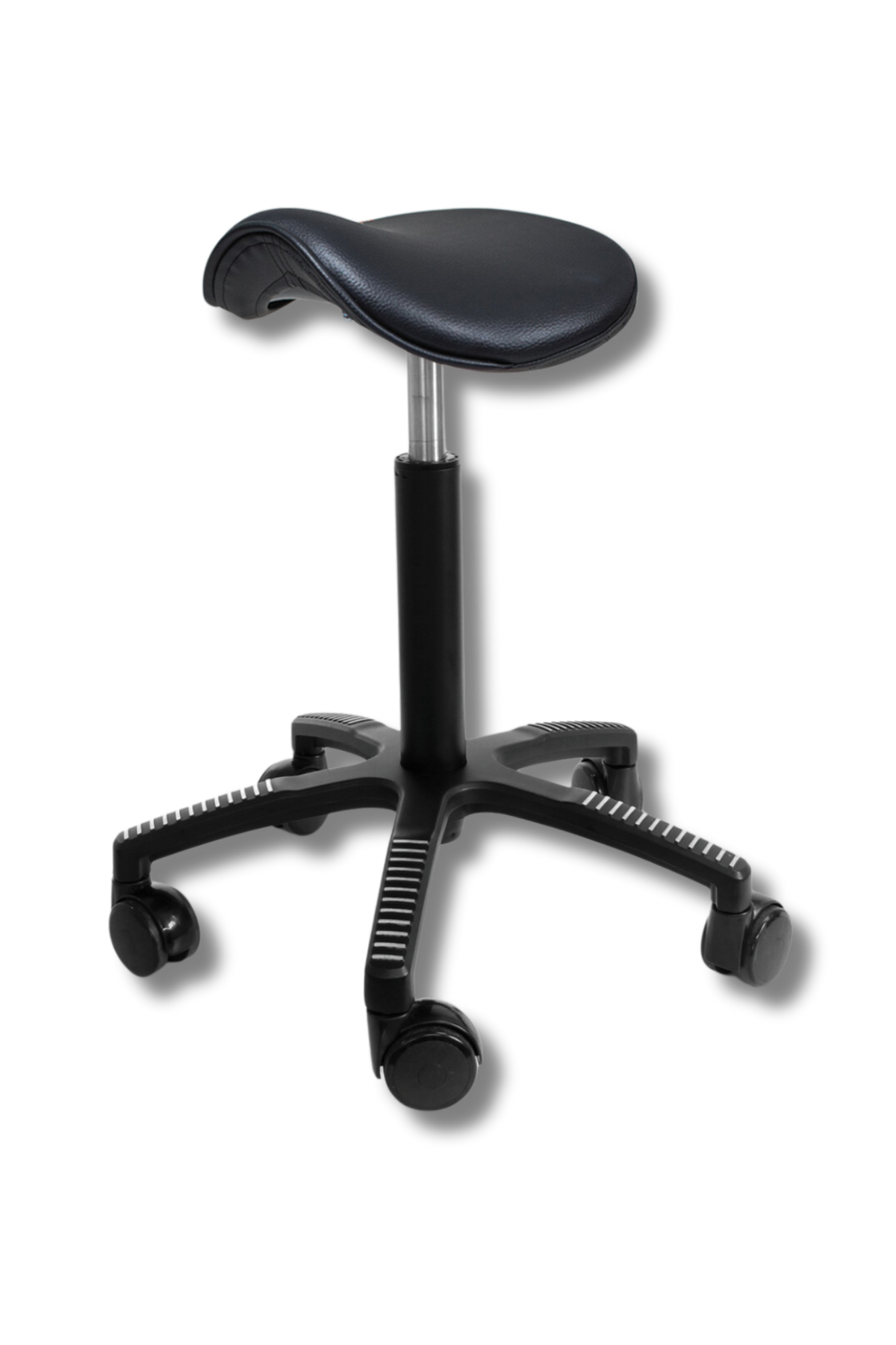 GetUpSaddle chair viewed from the side, showing the gas lift and base