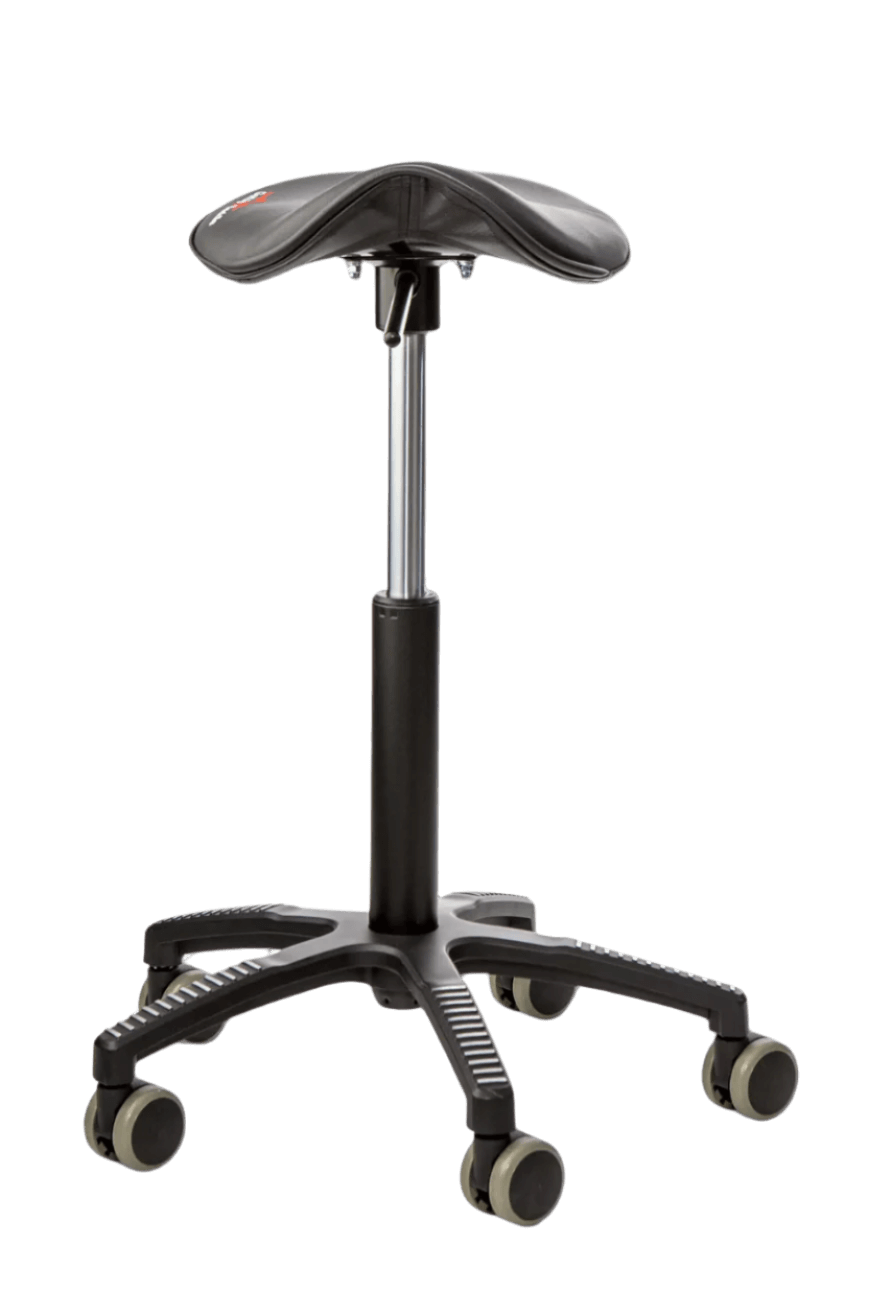 GetUpSaddle chair with black artificial leather seat on a five-star castor base