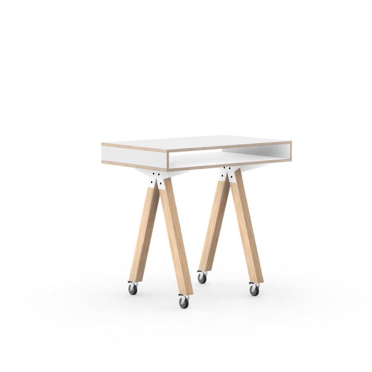 TeamDesk standing desk with a white top, wooden legs and a storage compartment