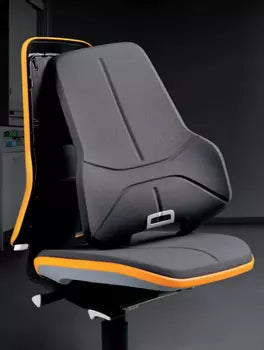 Neon 2 task chair seat and backrest in dark grey with orange piping against a black background