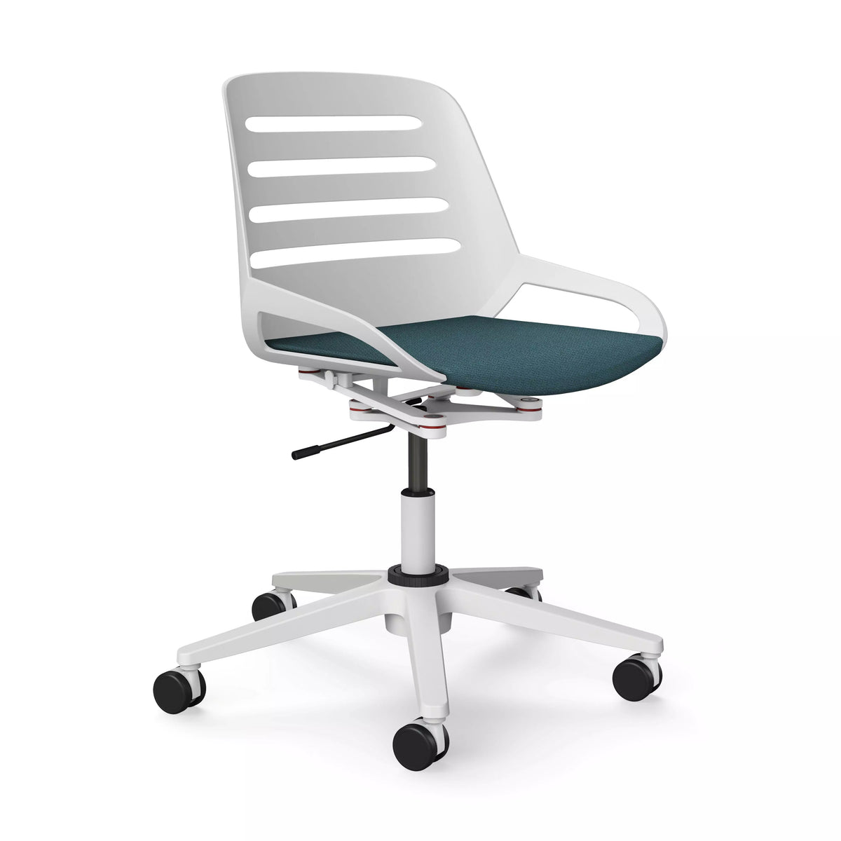 Numo Task active chair with white shell and blue seat on a white five-star base