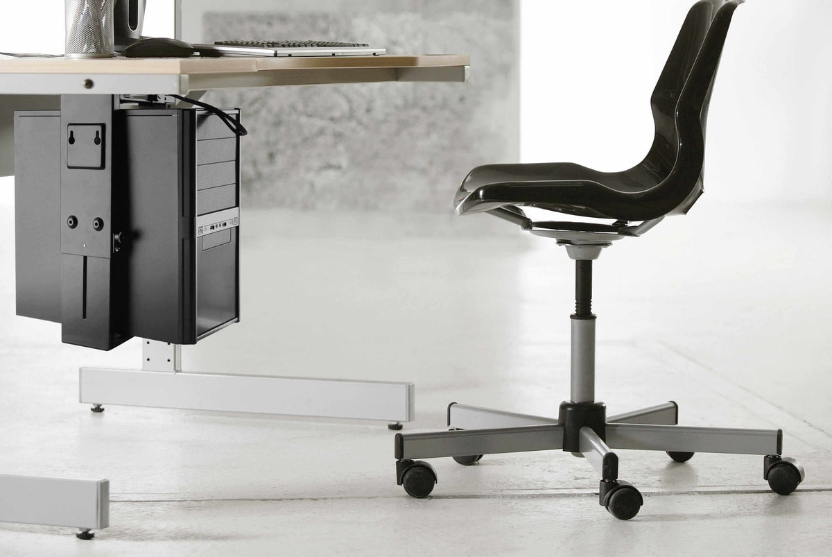 Black swivel CPU stand securely attached beneath a desk, optimizing workspace with sleek design and freeing up desk space.