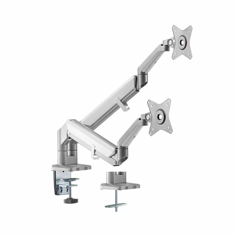 Grey dual monitor arm with gas spring for efficient workspace organization.