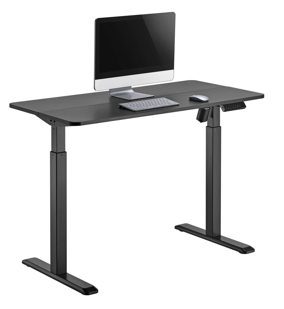 GetUpDesk Elite black electric desk with a monitor, keyboard and mouse on the desktop