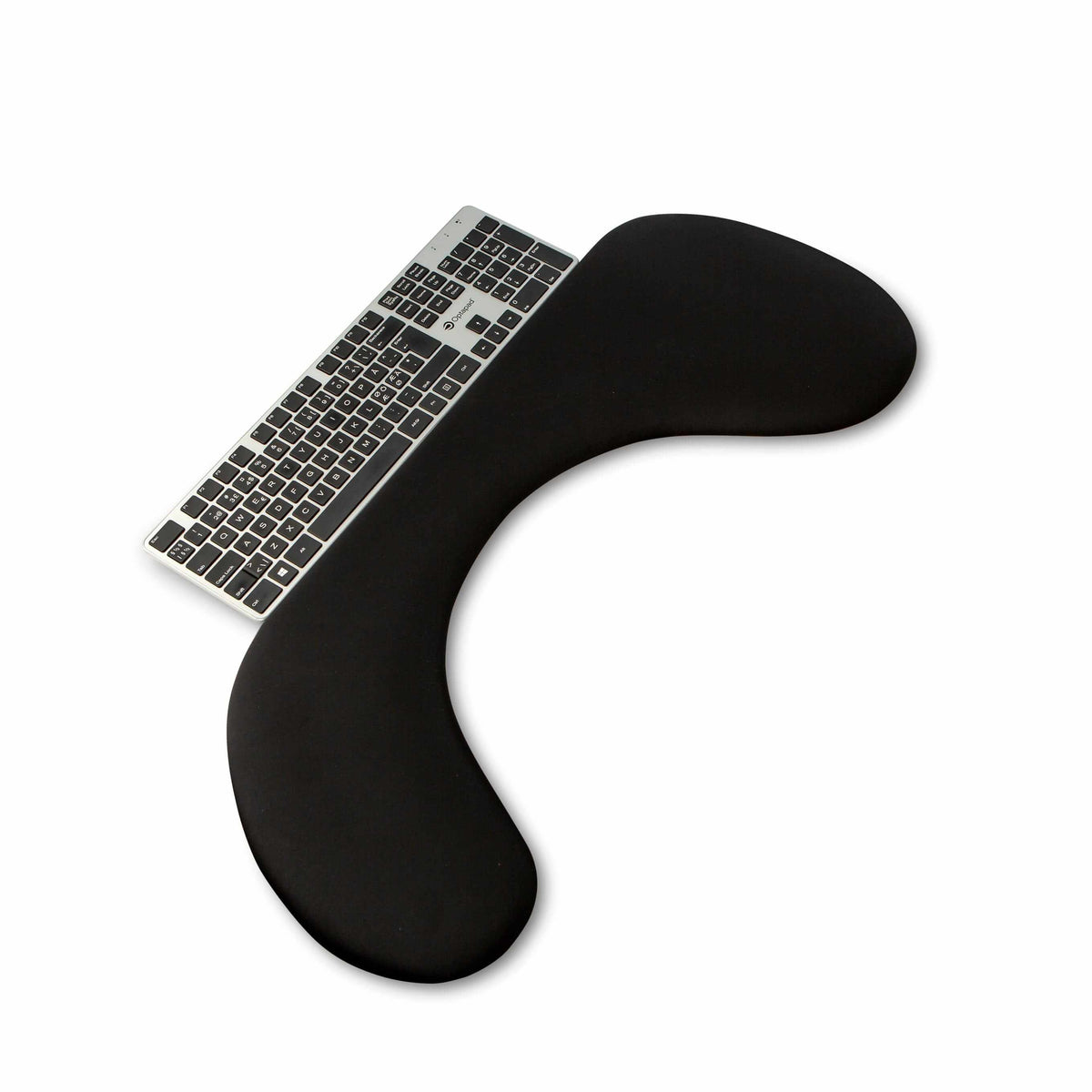 Ergonomic asymmetric arm support with lycra fabric placed on keyboard for optimal elbow comfort and upper body strain relief.