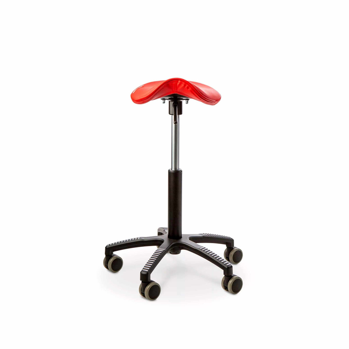 Red GetUpSaddle chair with adjustable height and durable faux leather seat, ideal for narrow hips and easy mobility on wheels.