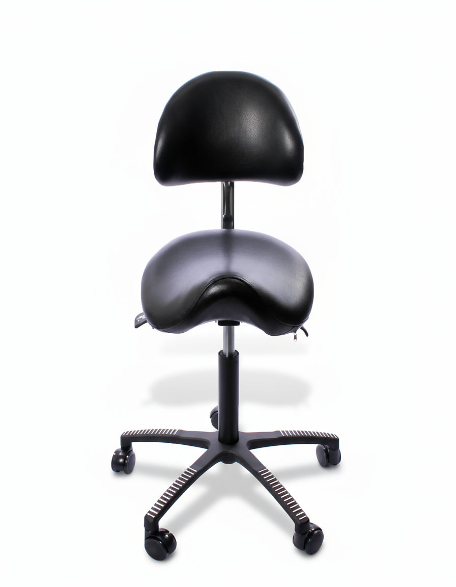 Lenni saddle chair with back support in black artificial leather, ergonomic design with adjustable seat and backrest for comfort.