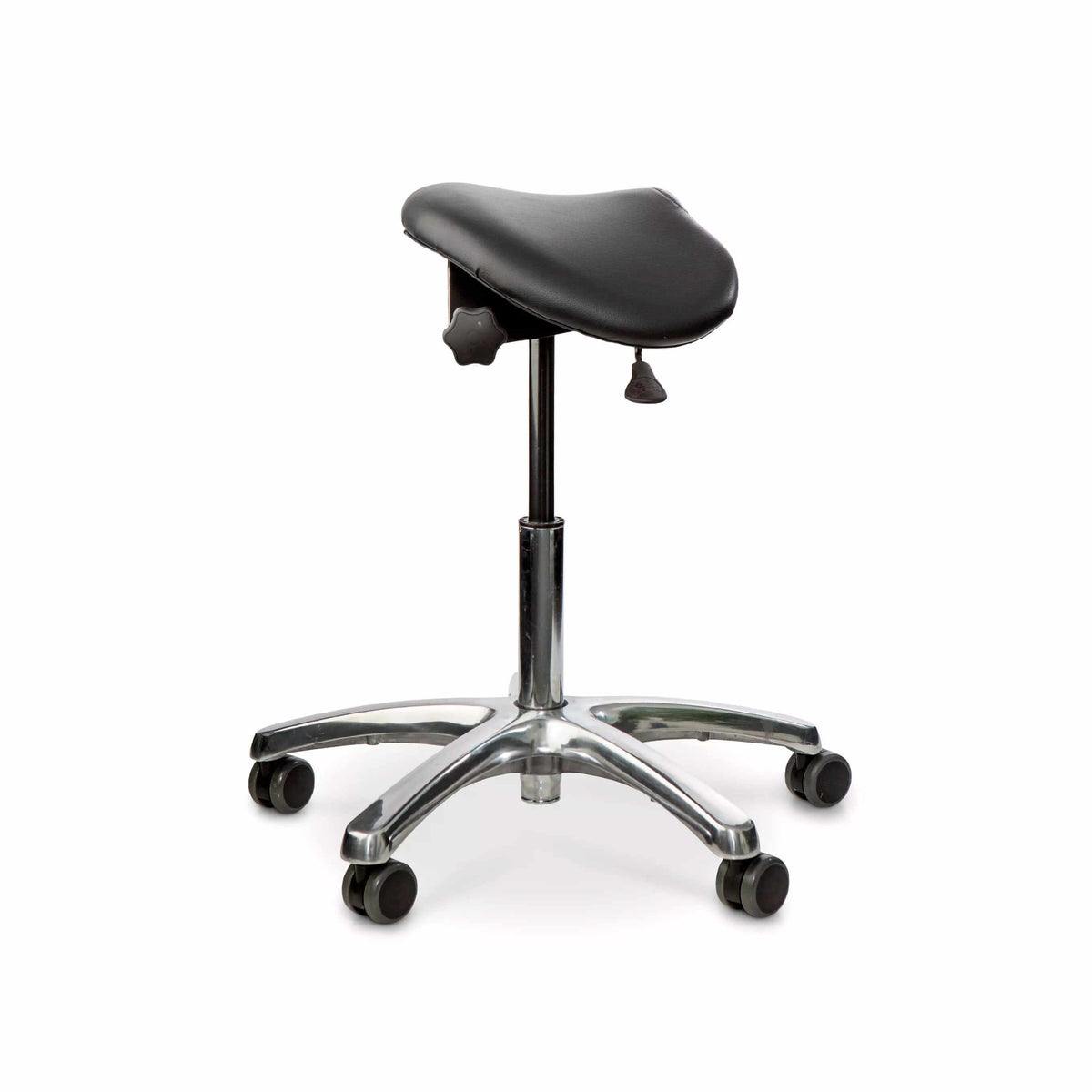 Ergonomic Matti saddle chair in black artificial leather with swing mechanism and polyurethane padding for improved posture.