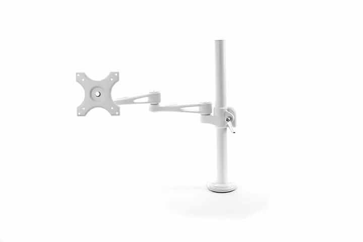 White LCD monitor arm with a pole mount, shown without a monitor