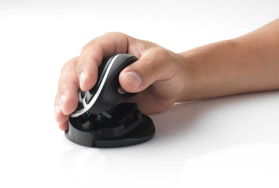 Person using OysterMouse ergonomic wireless vertical mouse with adjustable angles for optimal wrist position.
