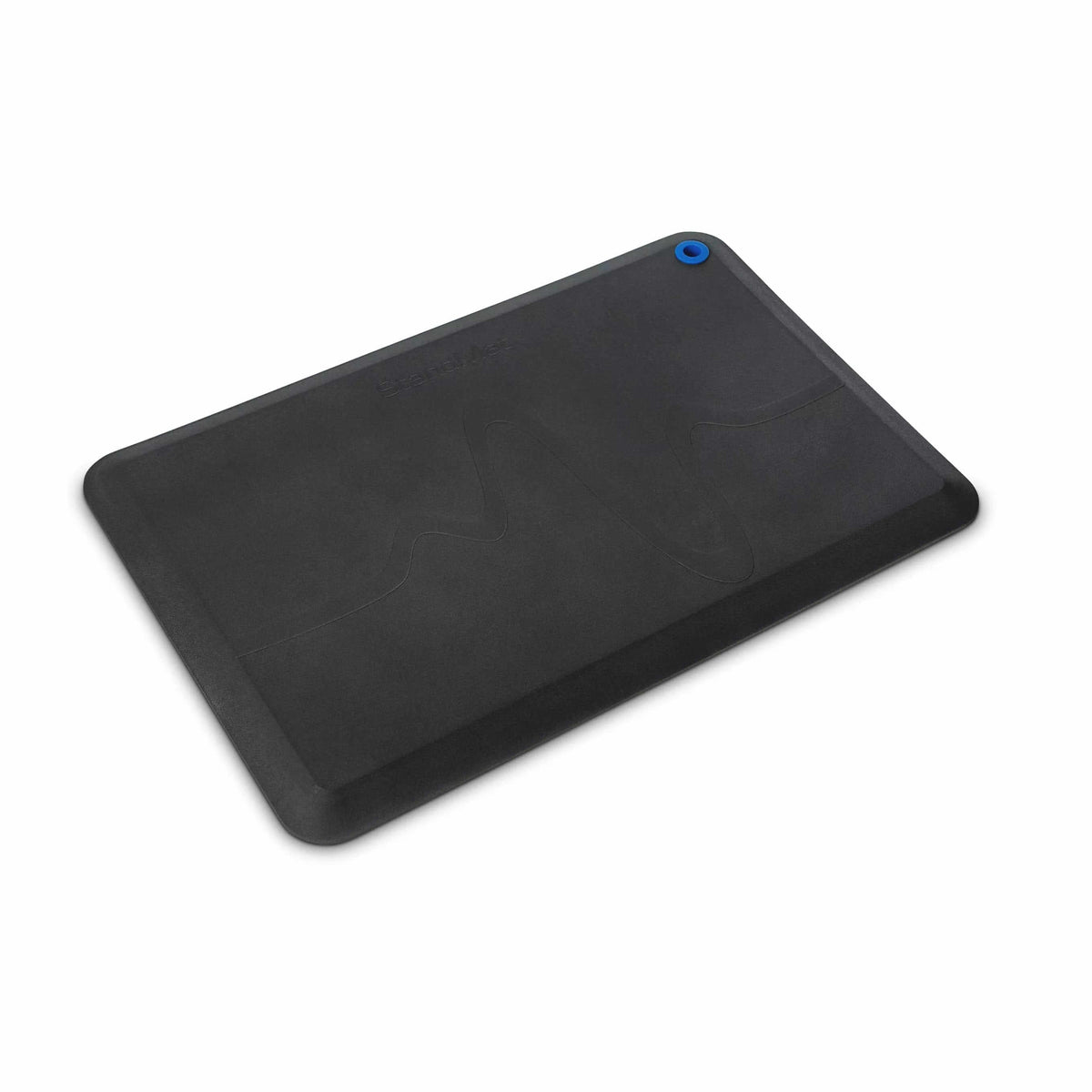 Black StandMat workstation mat viewed at an angle, showing the bevelled edge